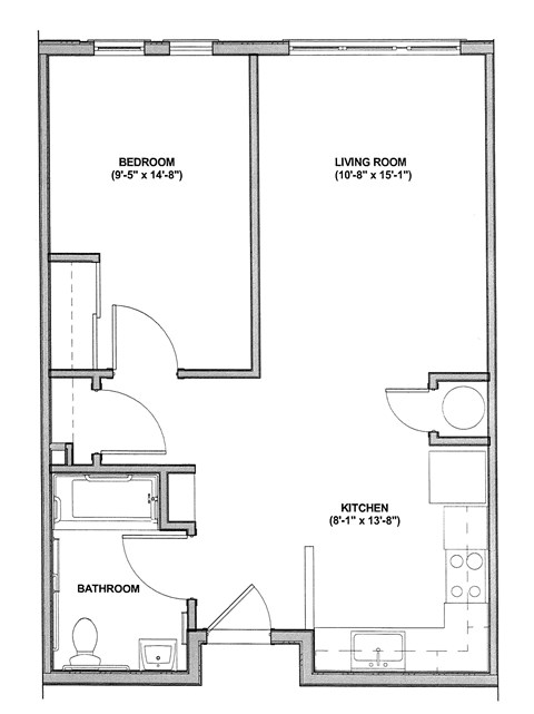 Floor plan for 1 bed, 1 bath, 626 sqft